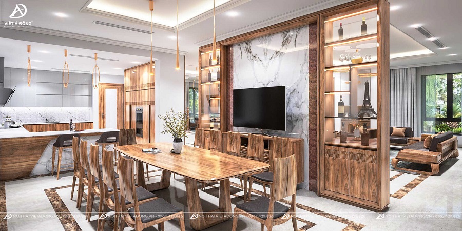 Bàn ăn gỗ óc chó 12 ghế 